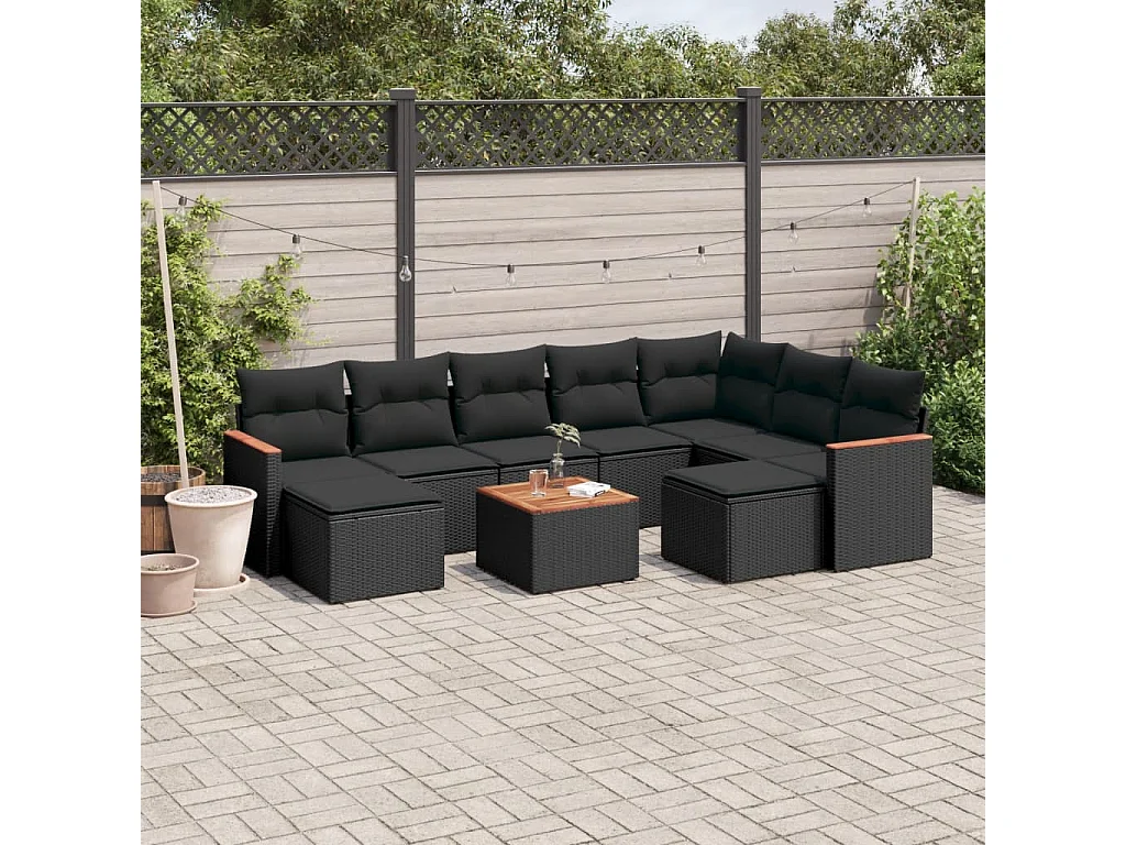 10-delige Loungeset met kussens poly rattan zwart