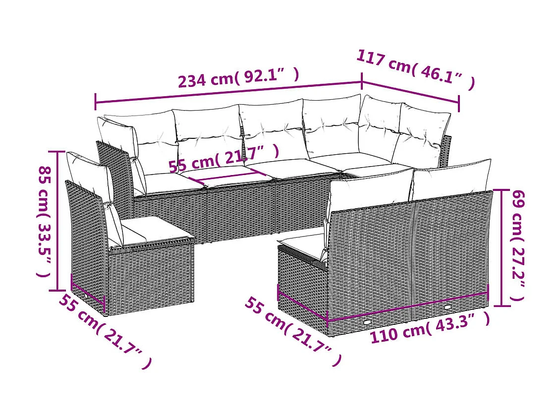 8-delige Loungeset met kussens poly rattan bruin