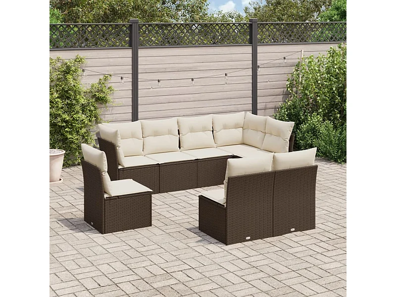 8-delige Loungeset met kussens poly rattan bruin
