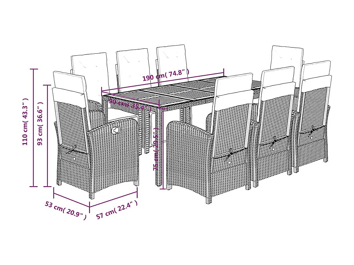 Set da Pranzo da Giardino 9 pz con Cuscini in Polyrattan Grigio