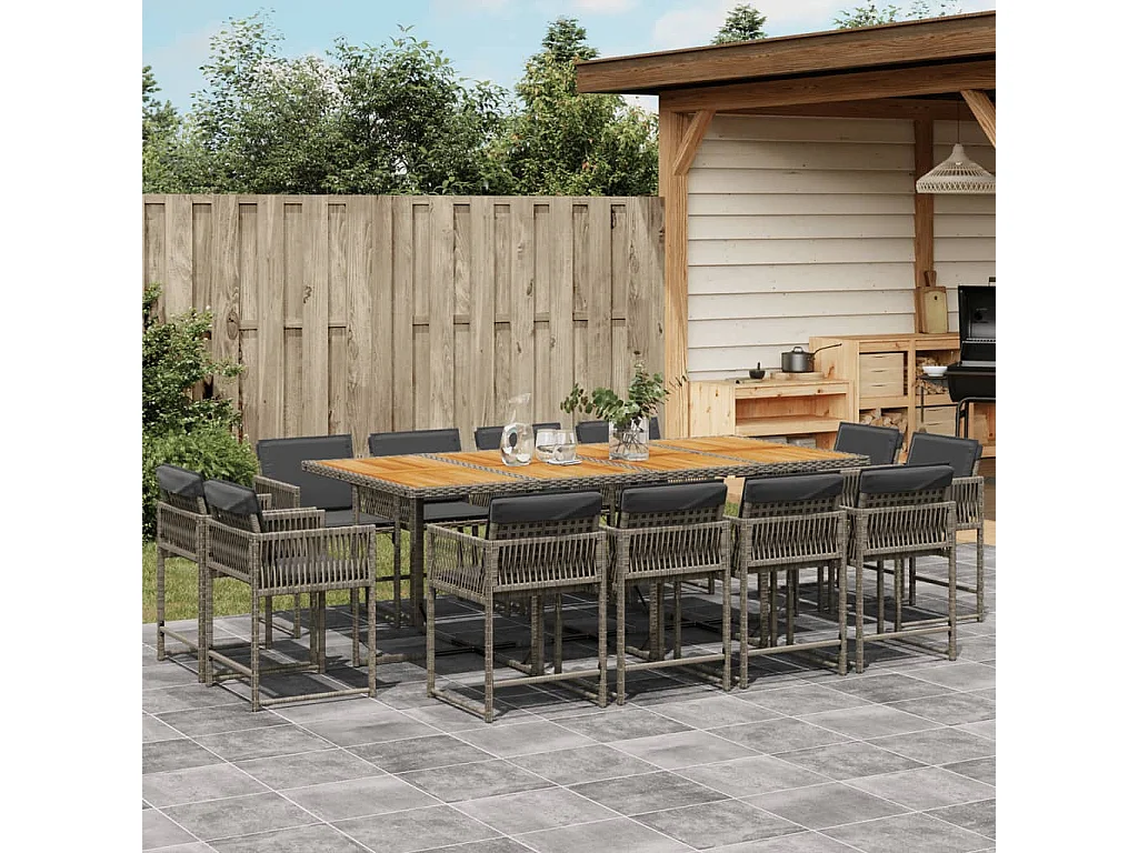 Ensemble à manger de jardin coussins 13 pcs gris résine tressée