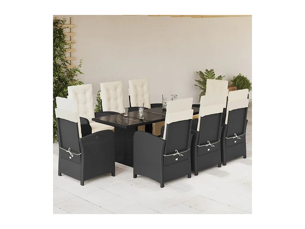 Set da Pranzo da Giardino 9 pz con Cuscini Nero in Polyrattan