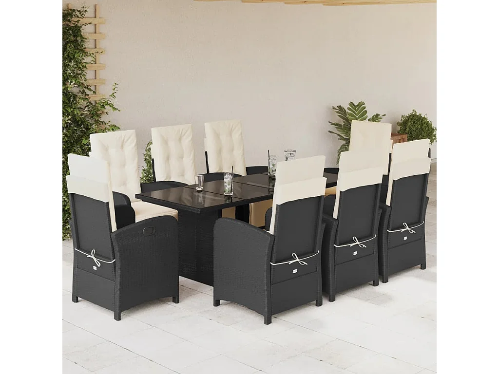 Set da Pranzo da Giardino 9 pz con Cuscini Nero in Polyrattan