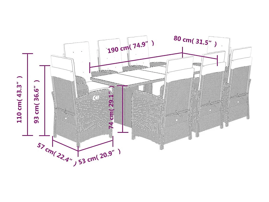 Set da Pranzo da Giardino 9 pz con Cuscini Nero in Polyrattan