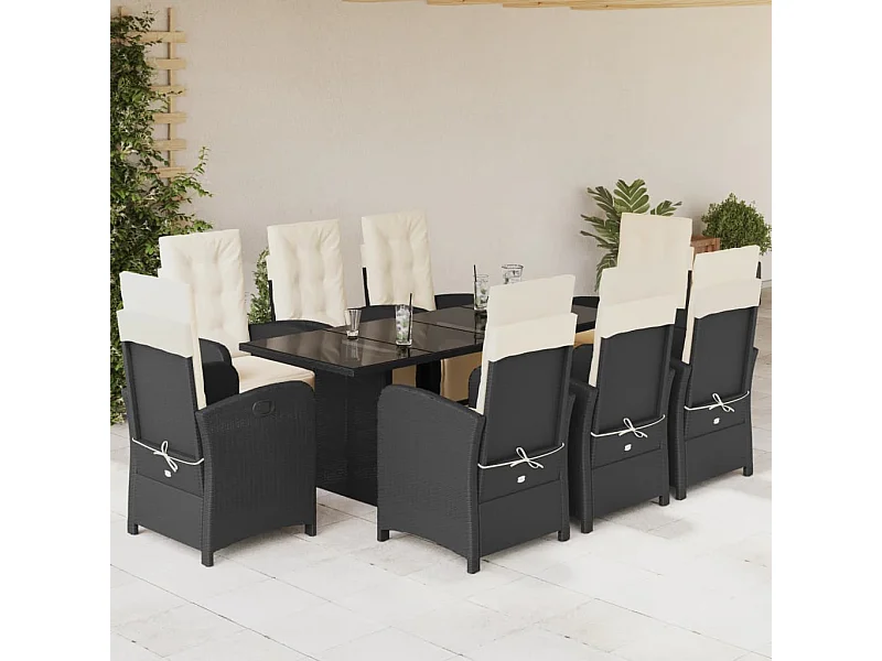 Set da Pranzo da Giardino 9 pz con Cuscini Nero in Polyrattan