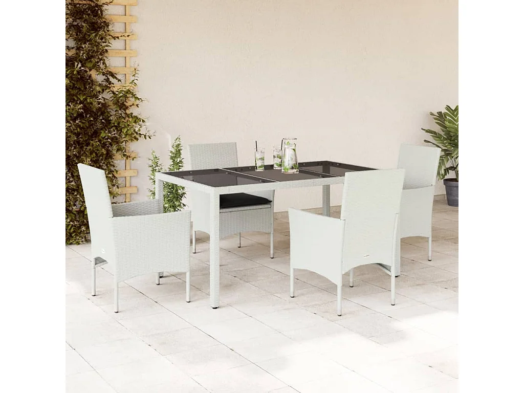 5 pcs conjunto jantar jardim c/ almofadões vime PE/vidro branco