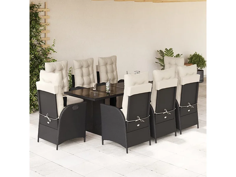 Ensemble à manger de jardin 9pcs coussins noir résine tressée