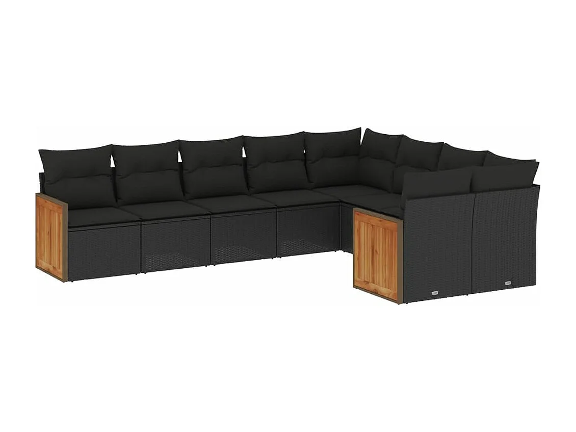 Salon de jardin 9 pcs avec coussins noir résine tressée