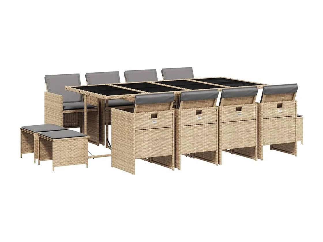 Set comedor de jardín con cojines 13 pzas ratán sintético beige