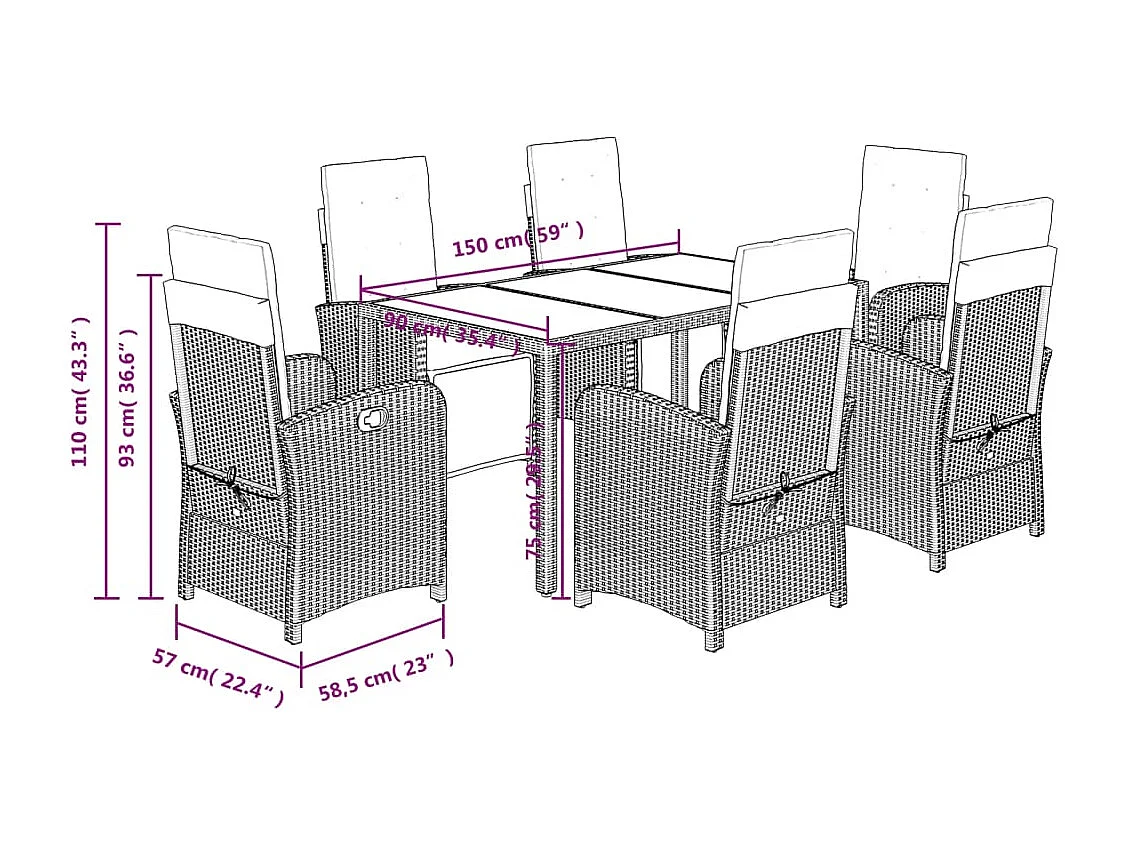 Set da Pranzo da Giardino 7 pz Nero con Cuscini in Polyrattan