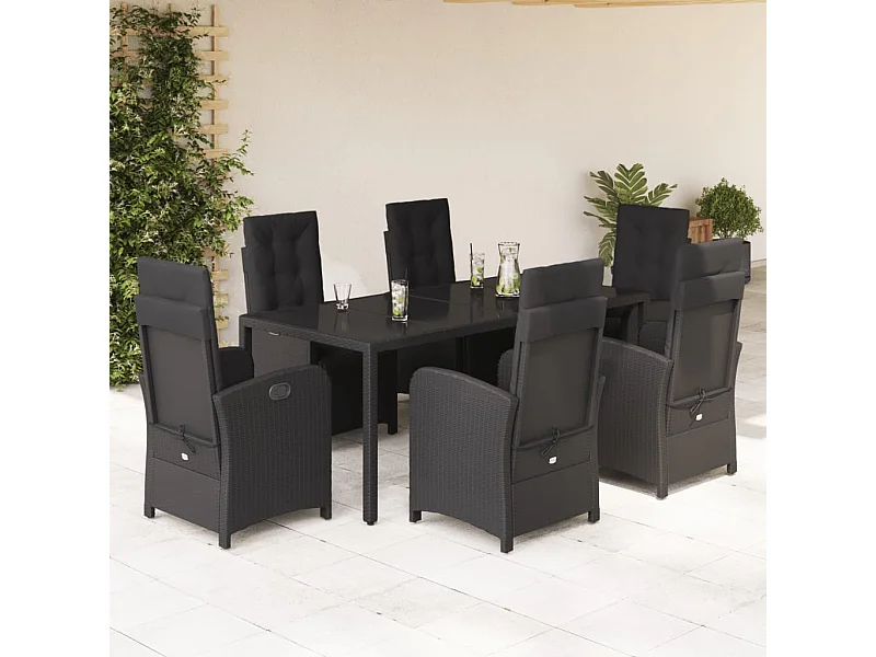 Set da Pranzo da Giardino 7 pz Nero con Cuscini in Polyrattan