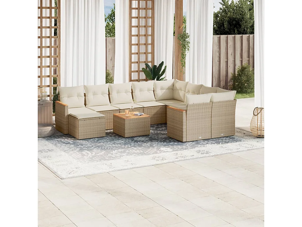 Salon de jardin 11 pcs avec coussins beige résine tressée