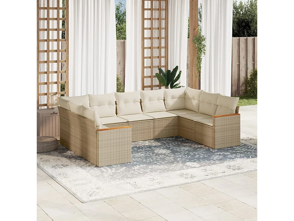 Salon de jardin avec coussins 9 pcs beige résine tressée
