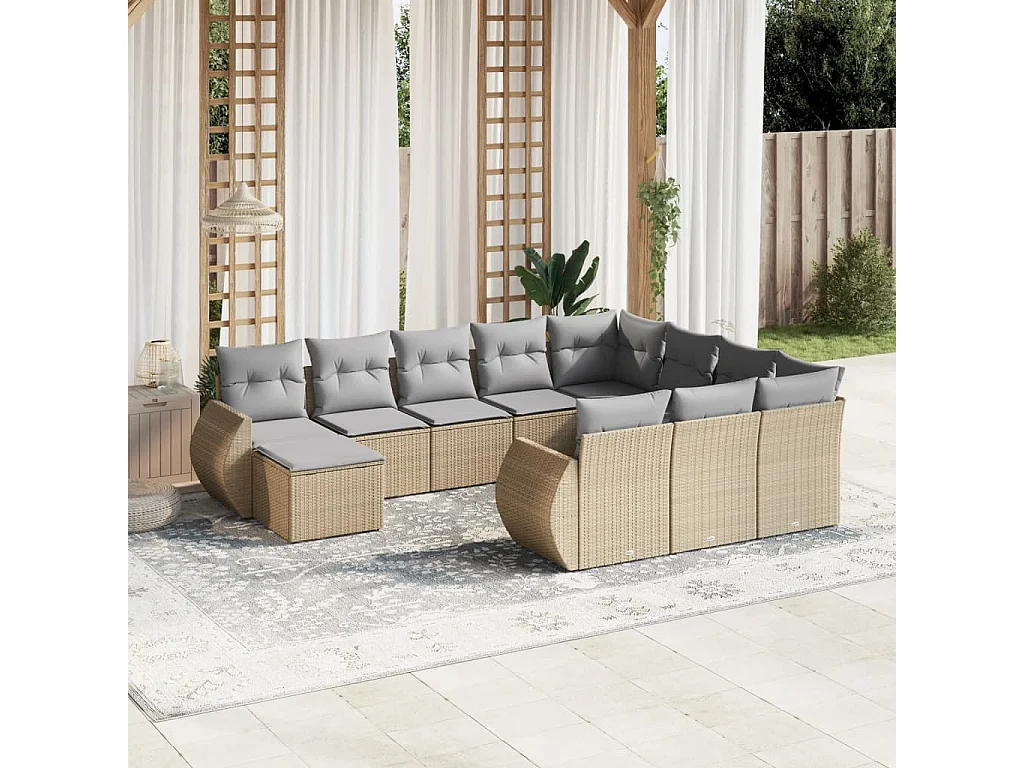 Salon de jardin 11 pcs avec coussins beige résine tressée