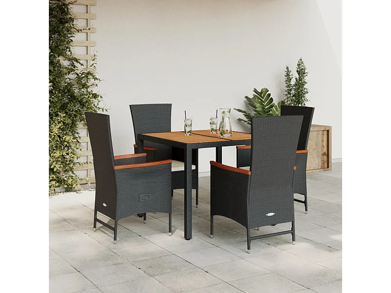 5-tlg. Garten-Essgruppe mit Kissen Schwarz Poly Rattan