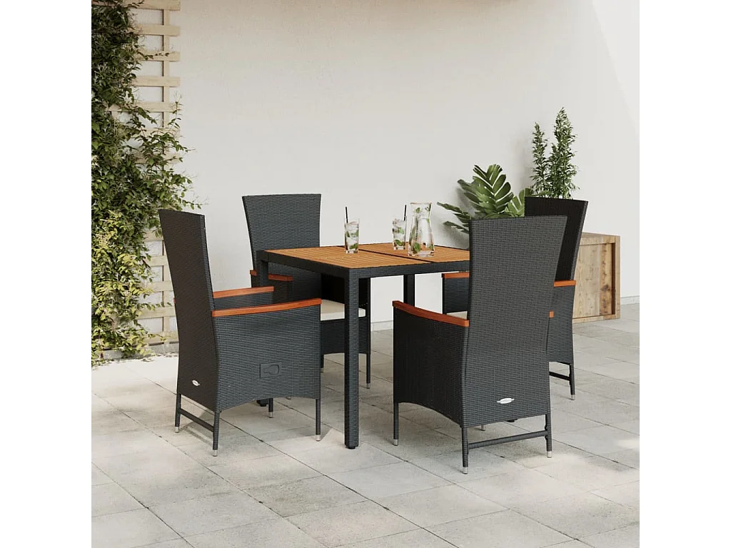 5-tlg. Garten-Essgruppe mit Kissen Schwarz Poly Rattan
