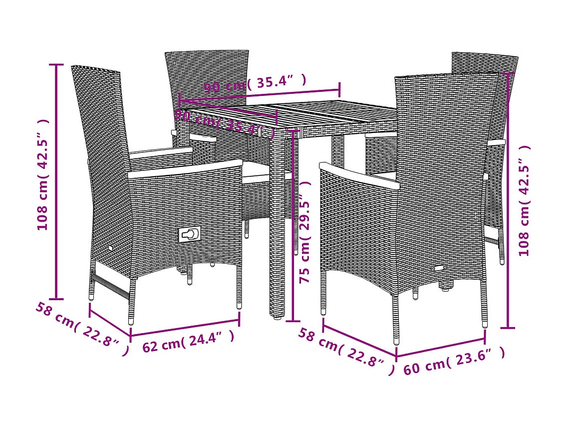 Ensemble à manger de jardin coussins 5pcs Noir Résine tressée