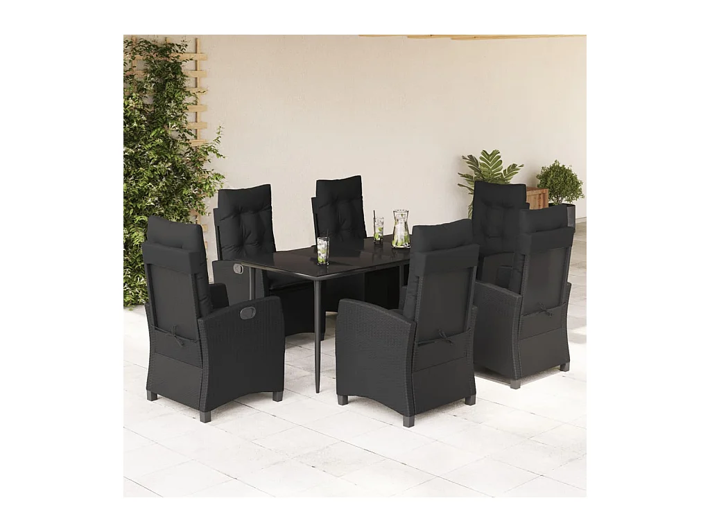 Ensemble à manger de jardin coussins 7pcs Noir Résine tressée