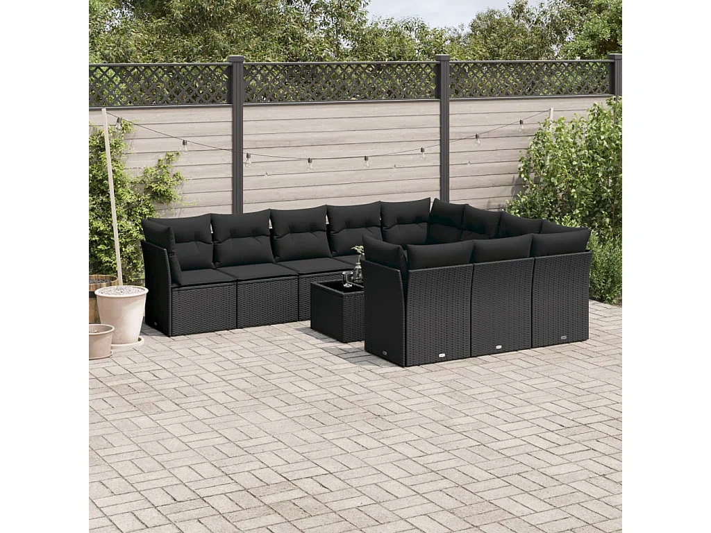 11-tlg. Garten-Sofagarnitur mit Kissen Schwarz Poly Rattan