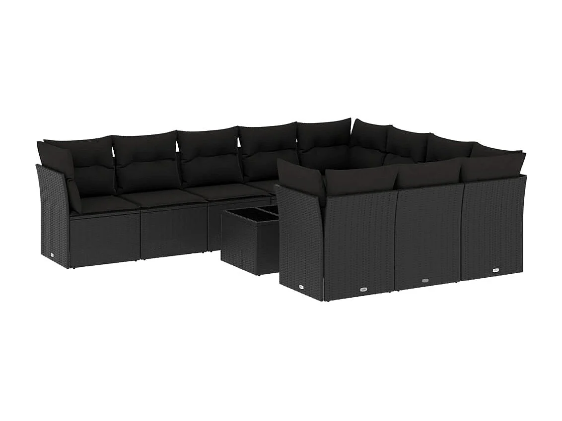 11-tlg. Garten-Sofagarnitur mit Kissen Schwarz Poly Rattan