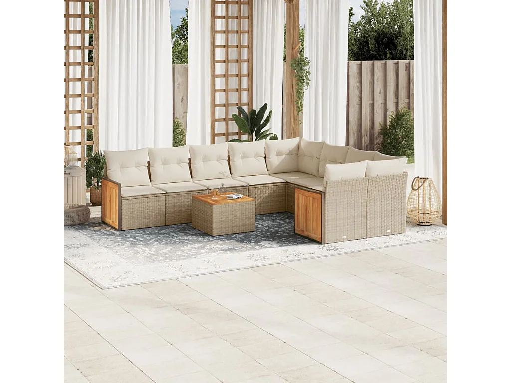 Salon de jardin avec coussins 10 pcs beige résine tressée