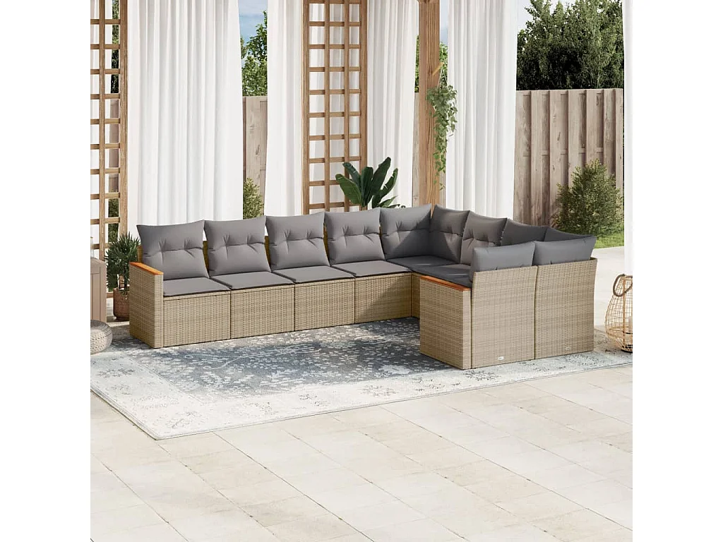Salon de jardin avec coussins 9 pcs beige résine tressée