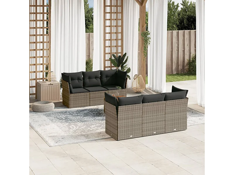 Salon de jardin avec coussins 7 pcs gris résine tressée