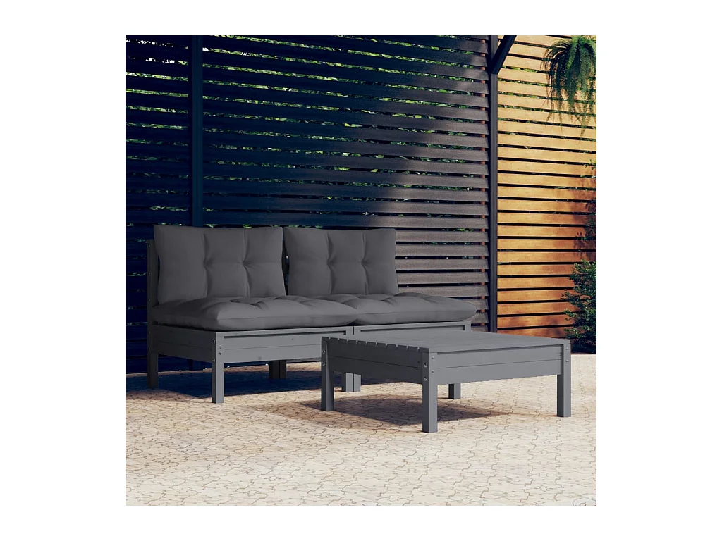 Set Divani da Giardino 3 pz con Cuscini Antracite Legno di Pino