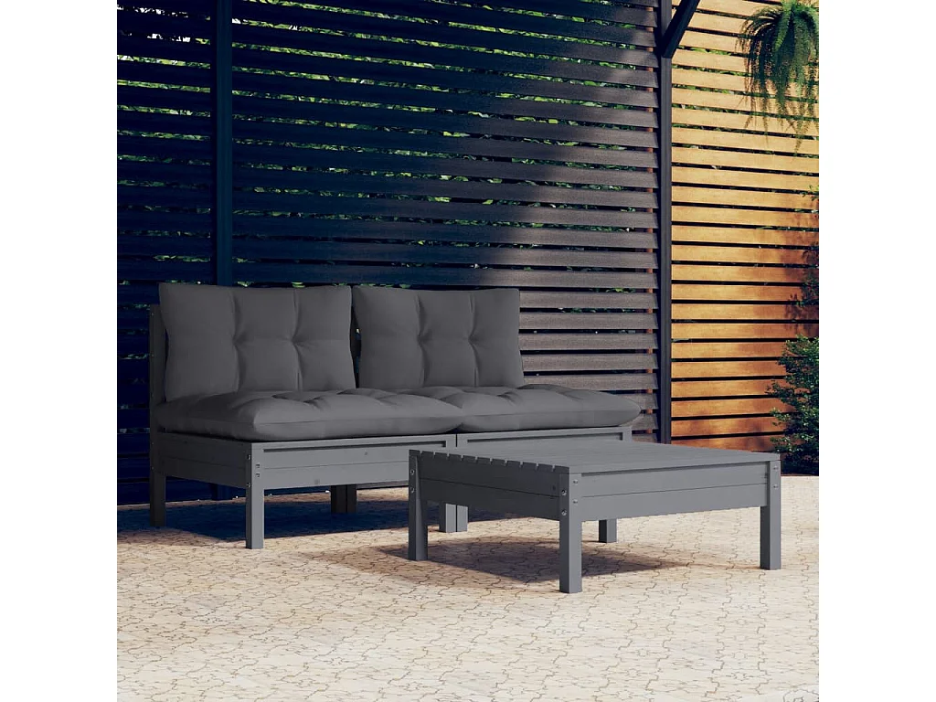 3-tlg. Garten-Lounge-Set mit Anthrazit Kissen Kiefernholz