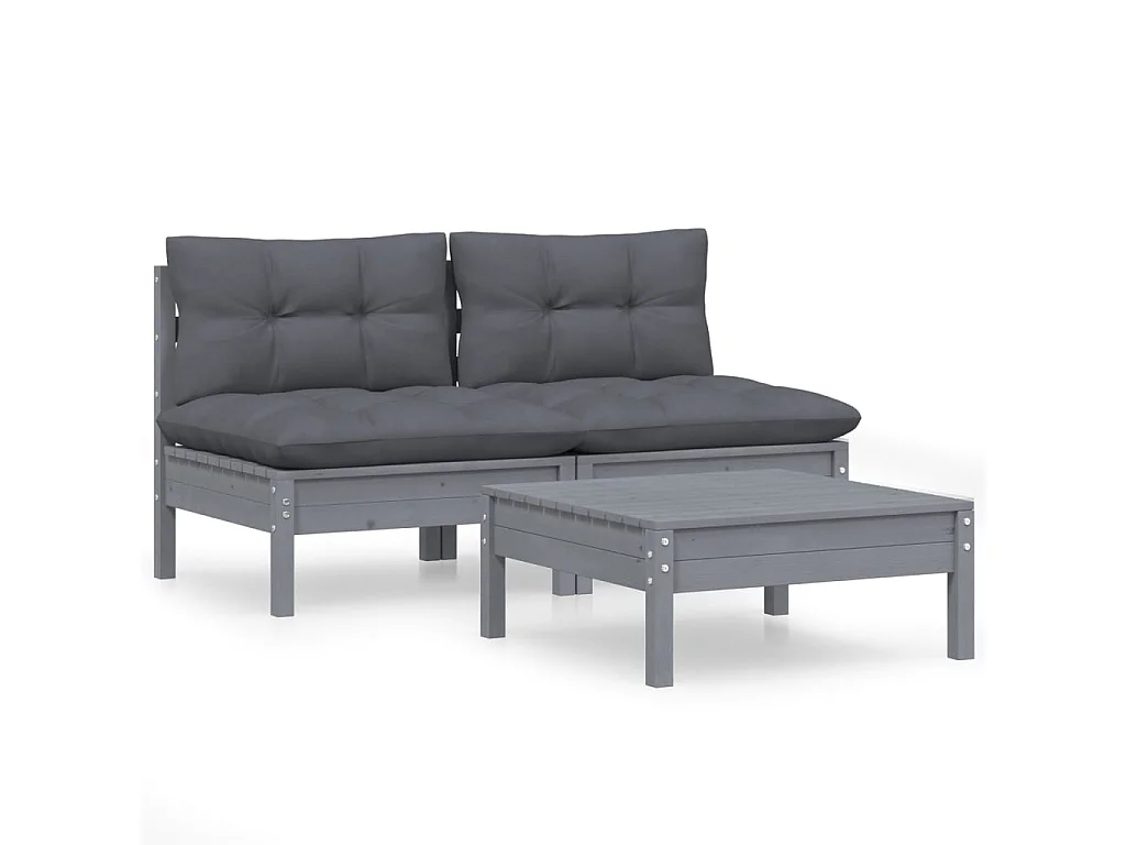3-tlg. Garten-Lounge-Set mit Anthrazit Kissen Kiefernholz