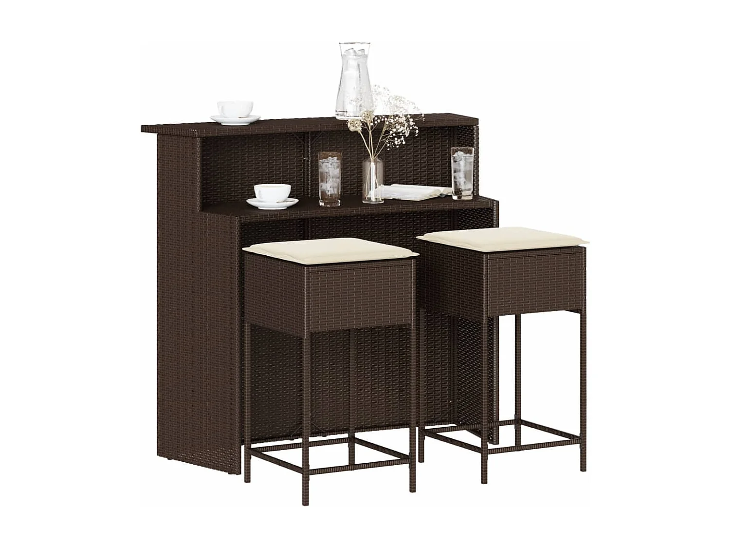 Ensemble de bar de jardin 3 pcs et coussins brun résine tressée