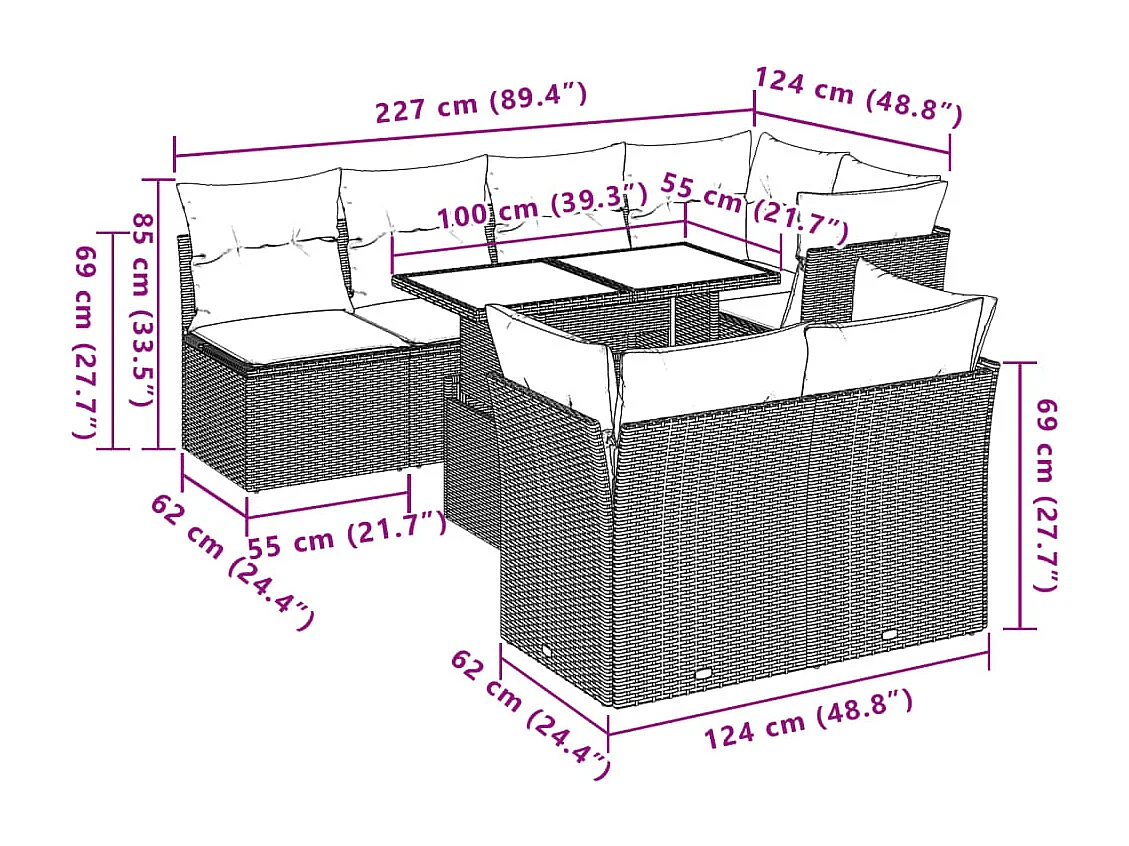 Salon de jardin avec coussins 8 pcs beige résine tressée