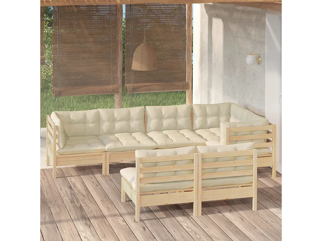 Salon de jardin 7 pcs avec coussins crème bois de pin massif