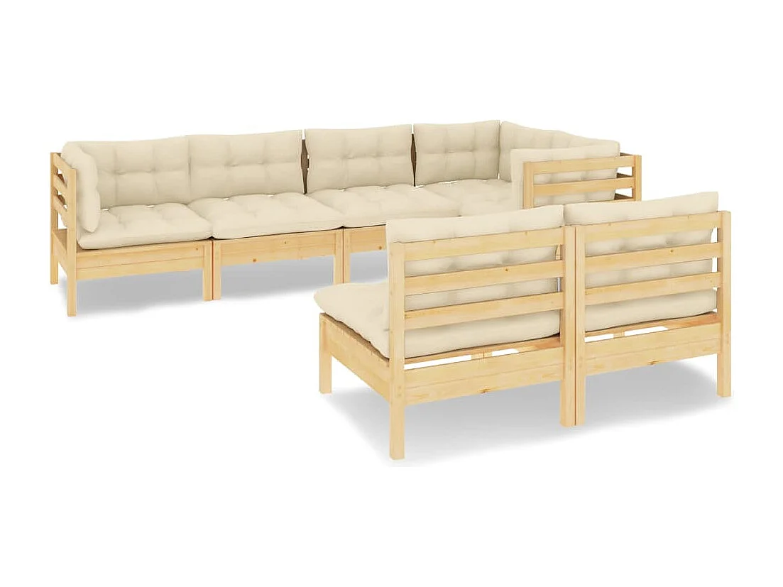 Salon de jardin 7 pcs avec coussins crème bois de pin massif