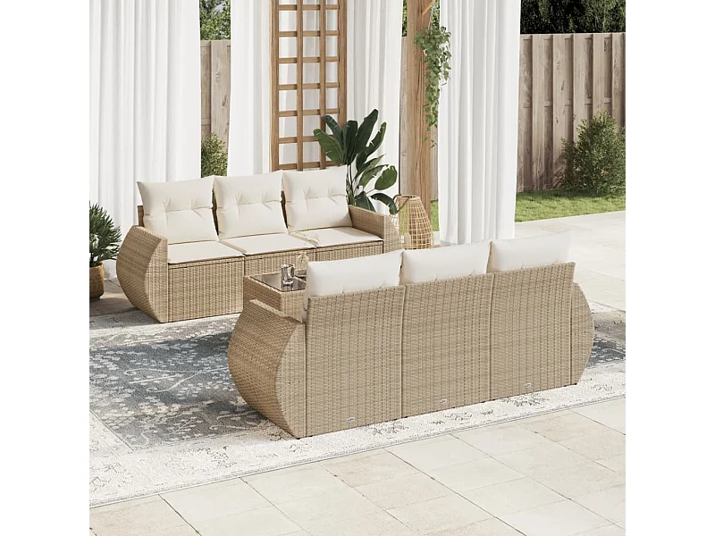 Set Divani da Giardino 7 pz con Cuscini Beige in Polyrattan