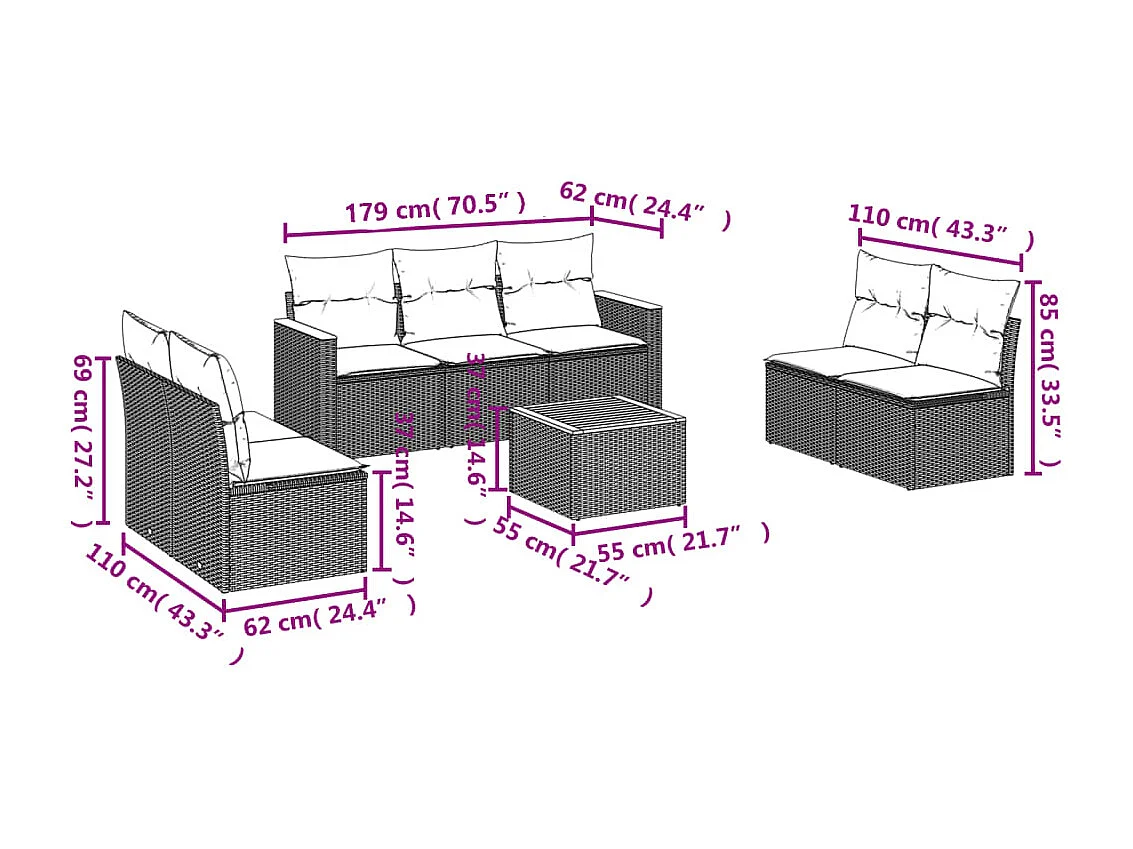 8 pcs conjunto sofás de jardim com almofadões vime PE preto