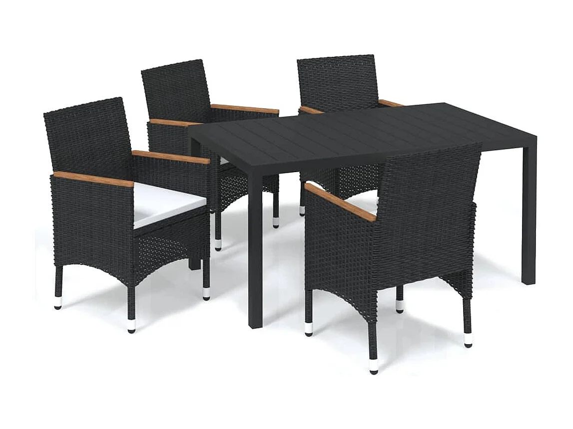 5-tlg. Garten-Essgruppe mit Kissen Poly Rattan Schwarz