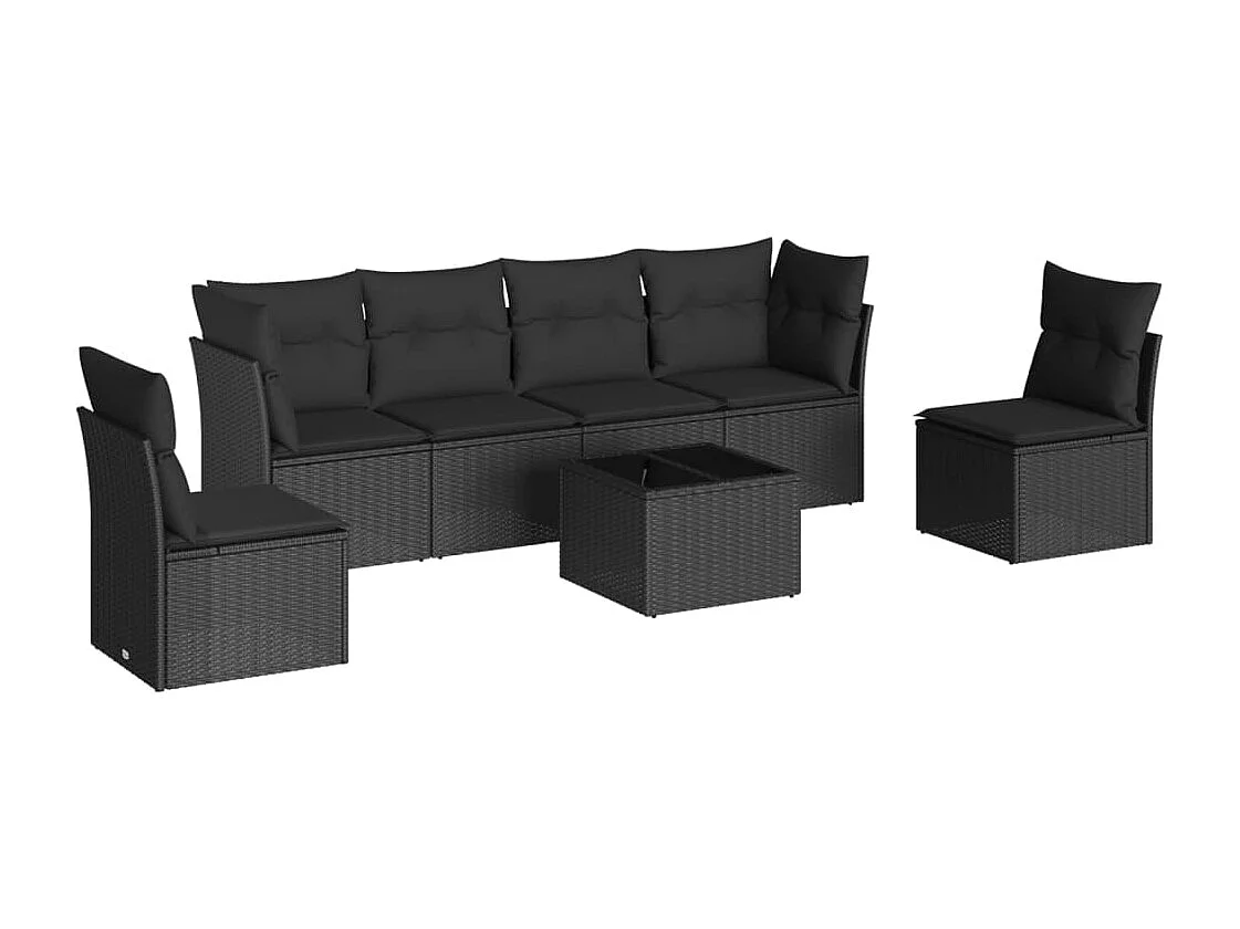 7-delige Loungeset met kussens poly rattan zwart