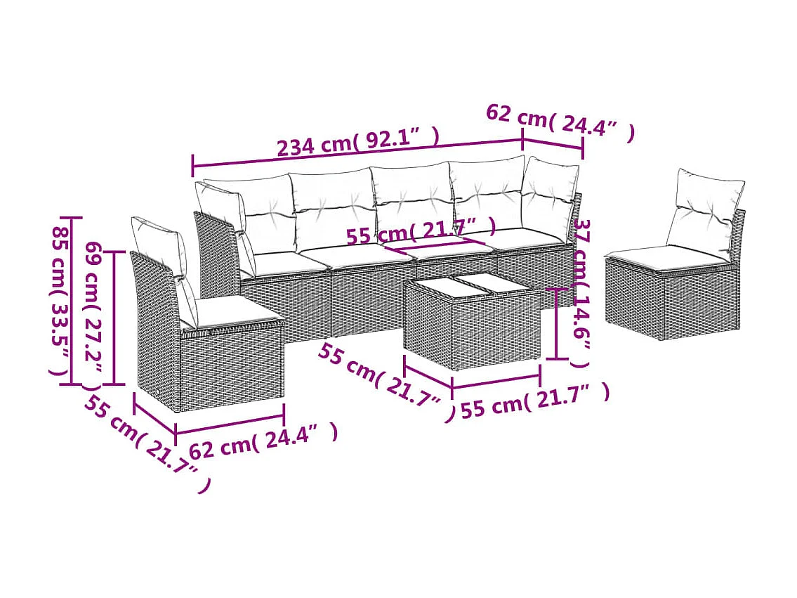 7-delige Loungeset met kussens poly rattan zwart