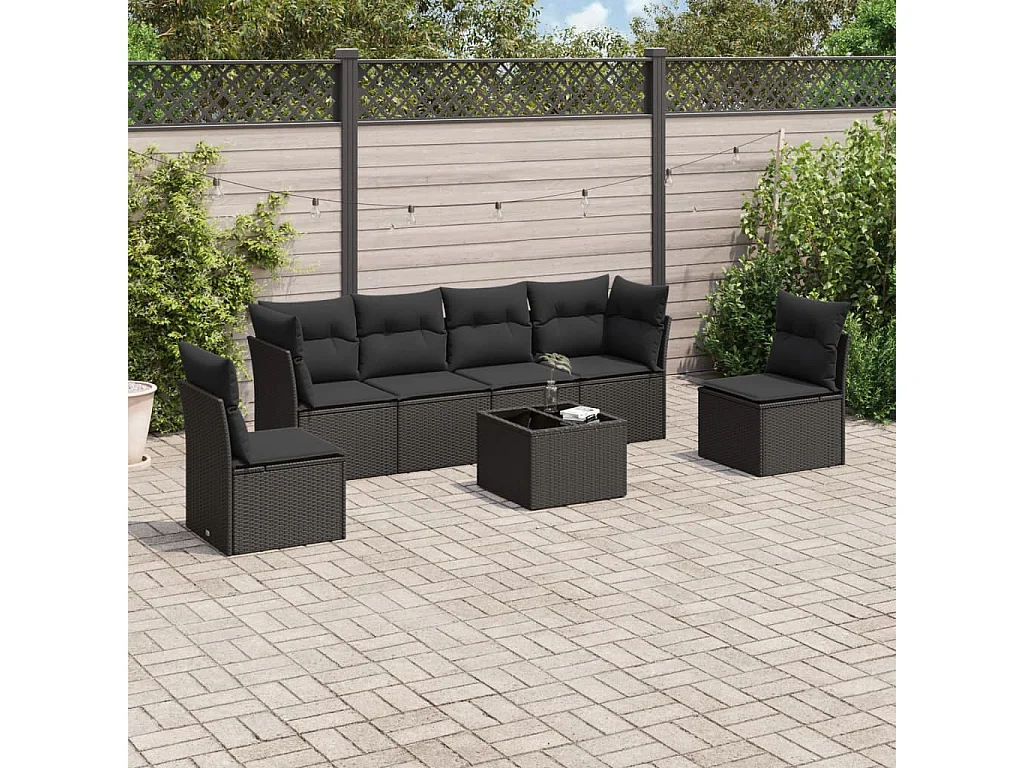 Salon de jardin 7 pcs avec coussins noir résine tressée