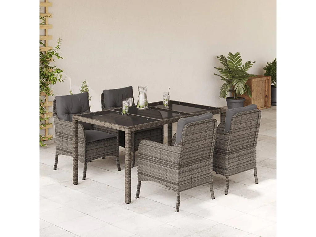 Ensemble à manger de jardin 5 pcs coussins gris résine tressée