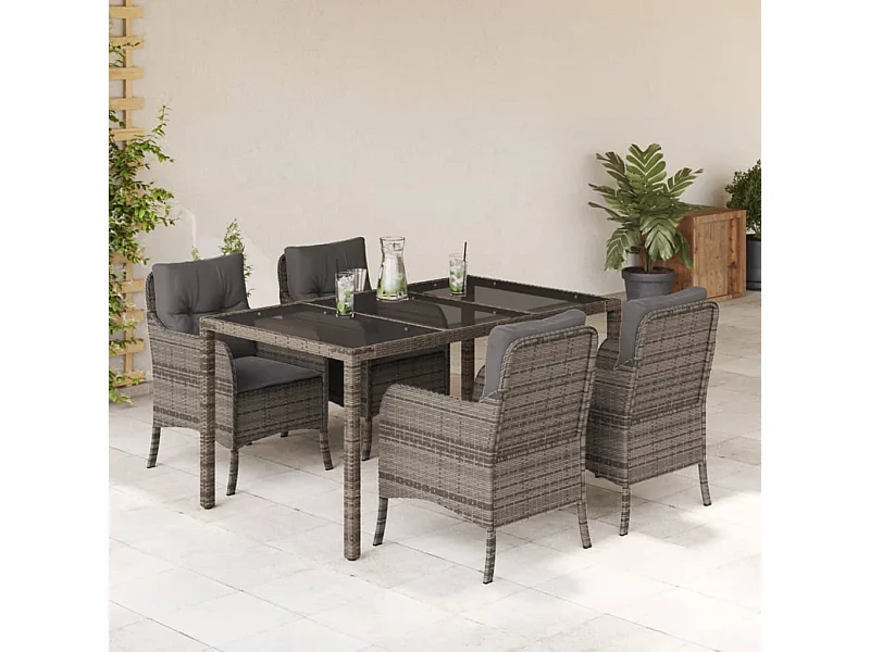 5 pcs conjunto de jantar p/ jardim c/ almofadões vime PE cinza