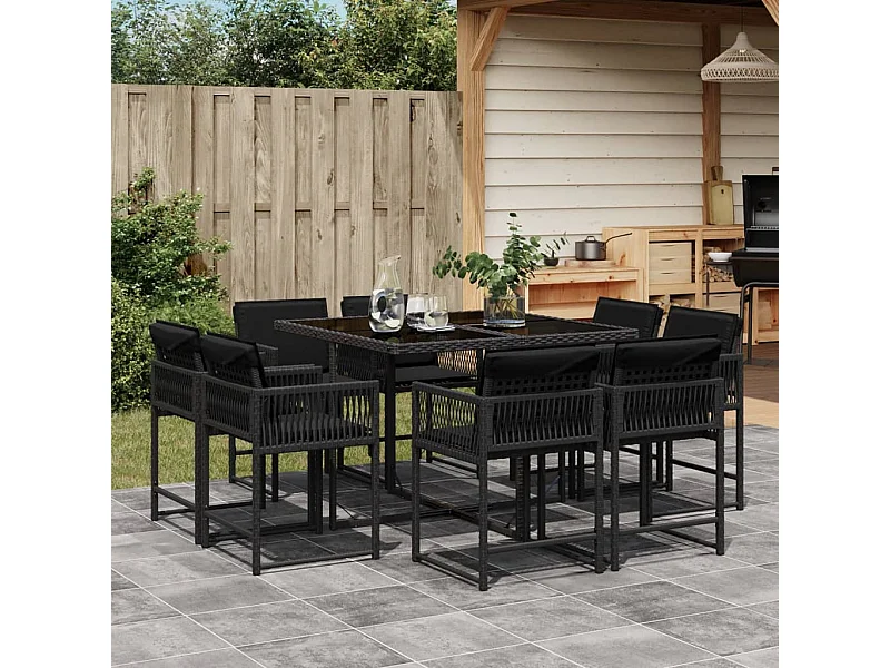9-tlg. Garten-Essgruppe mit Kissen Schwarz Poly Rattan