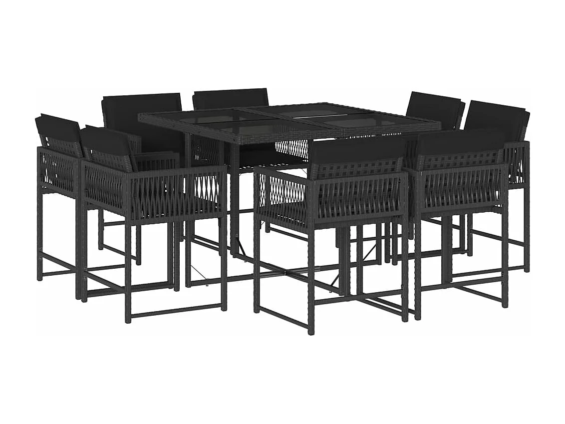 Set da Pranzo da Giardino 9 pz con Cuscini Nero in Polyrattan
