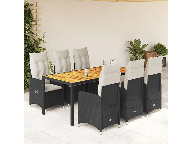 Set de mesa y sillas de jardín 7 pzas y cojines ratán PE negro