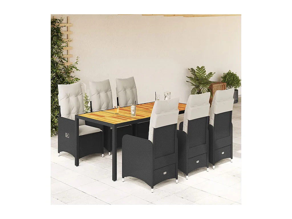7-delige Bistroset met kussens poly rattan zwart