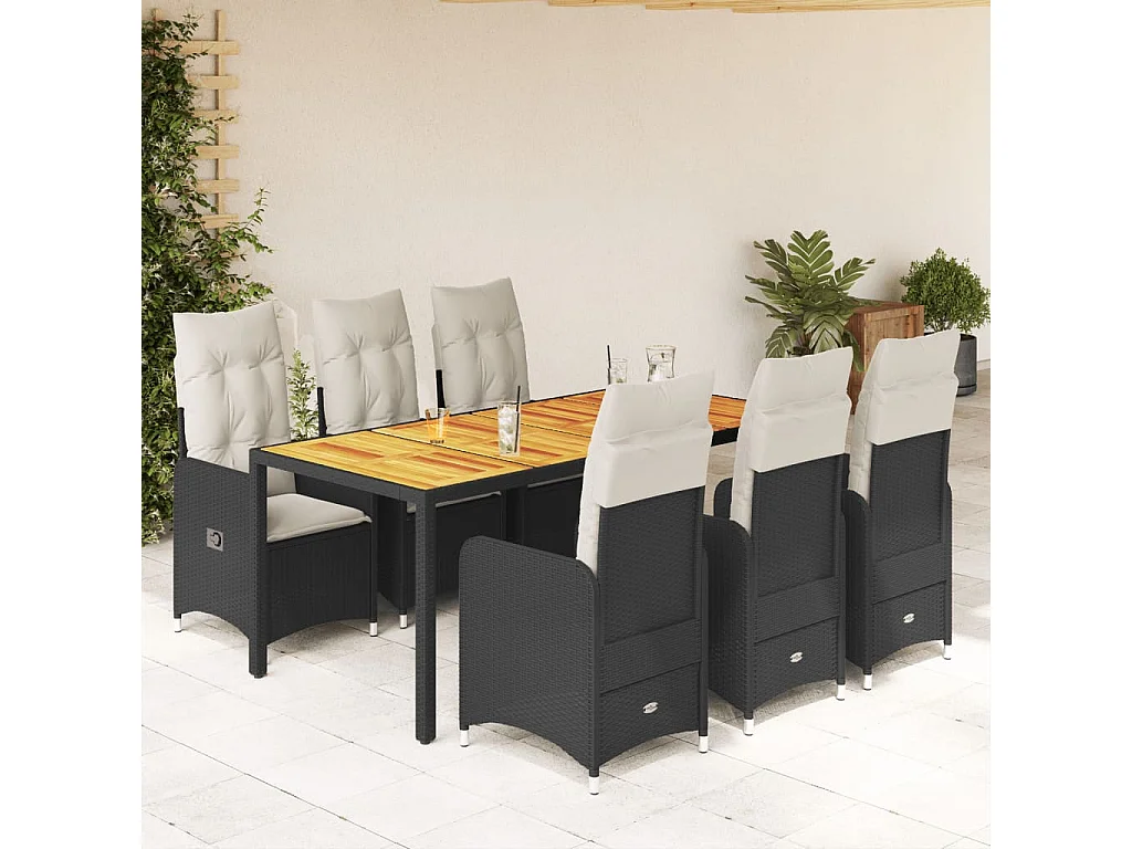 7 pcs conjunto de bistrô p/ jardim c/ almofadões vime PE preto