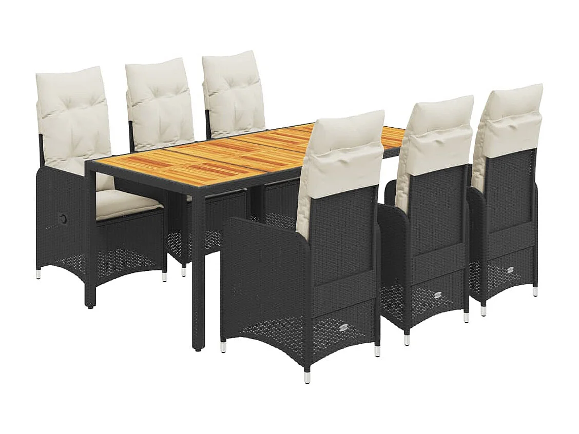 7 pcs conjunto de bistrô p/ jardim c/ almofadões vime PE preto