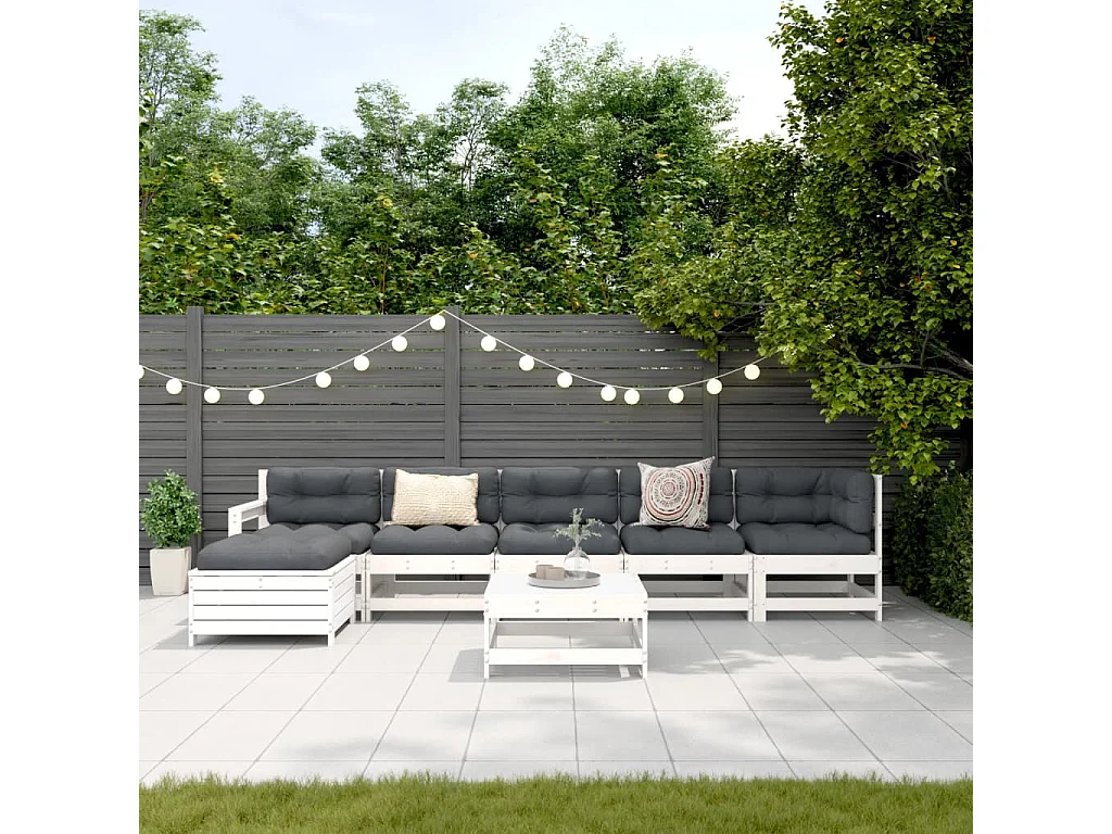 Salon de jardin 7 pcs Blanc Bois de pin massif