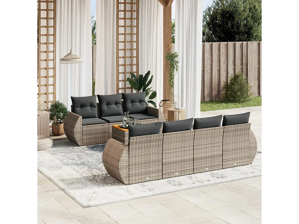 8-delige Loungeset met kussens poly rattan grijs